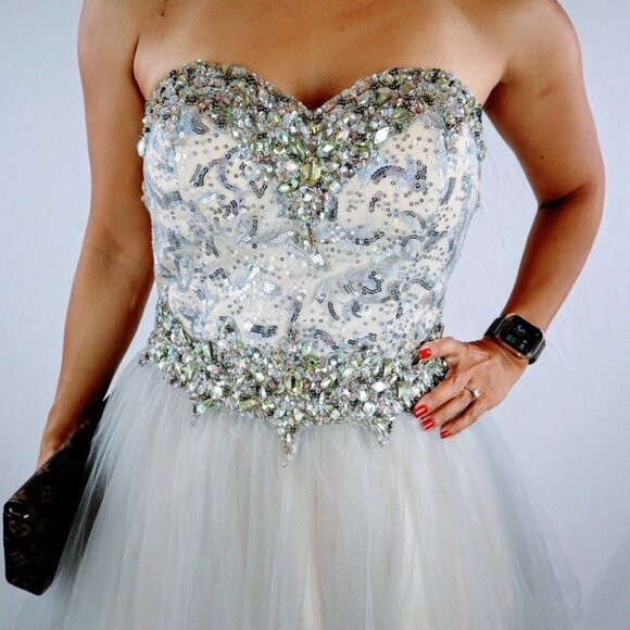 NWT Terani Couture Silver Strapless Formal Dress $286 - Picture 5 of 13